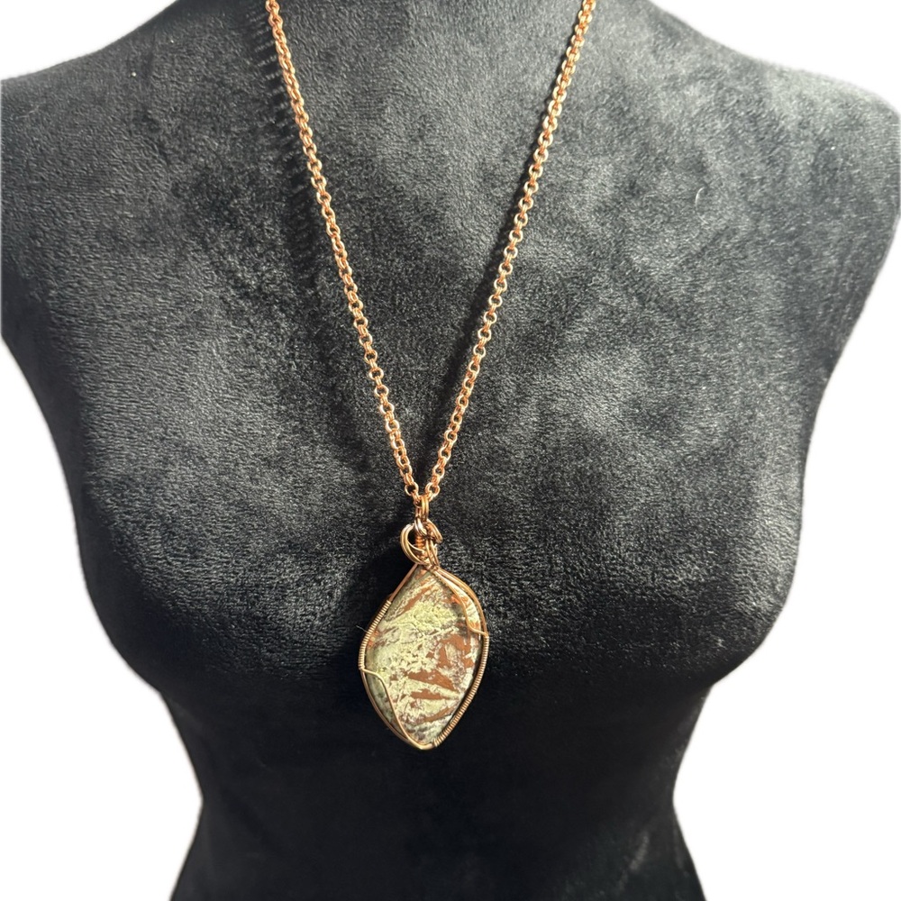 Handcrafted Malachite & Copper Pendant Necklace 24” Chain Giftable ☀️🍂🥶🌼